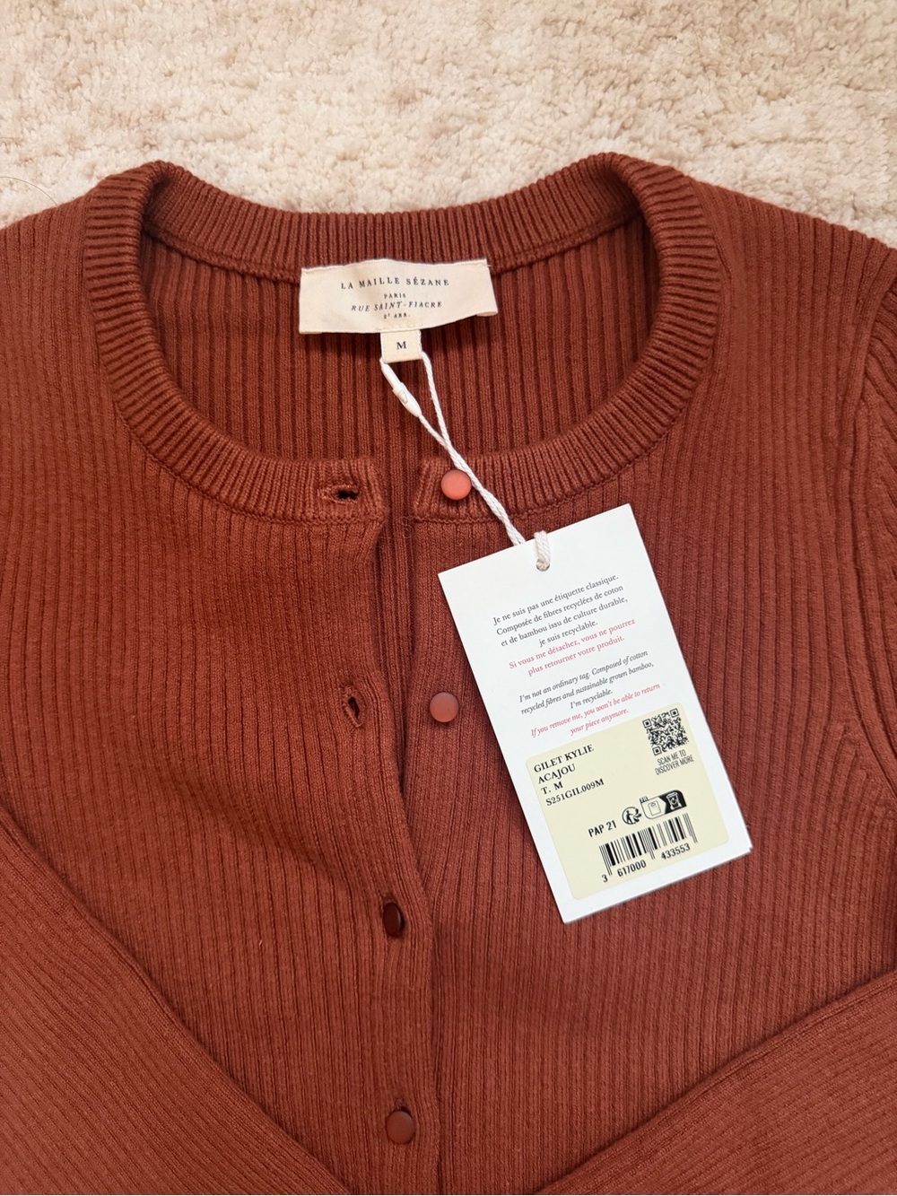 Sezane Ribbed Cropped Cardigan in Rust - Picture 4 of 12
